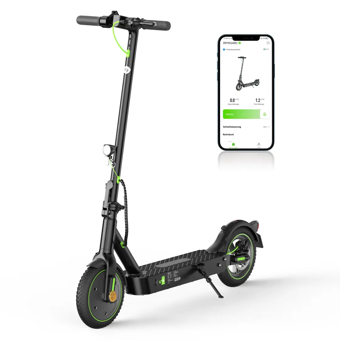 isinwheel S9 Pro, schwarzer Stehroller mit grünen Akzenten